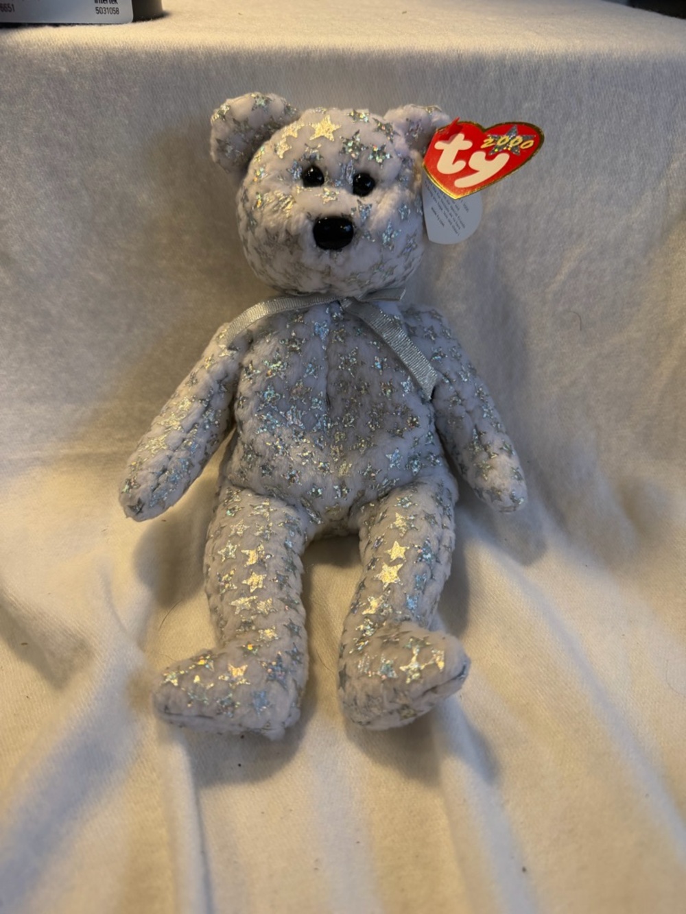 Ty Silver Star Beanie Baby Bear - Sparkly White and Silver